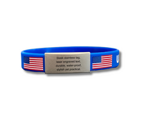 Load image into Gallery viewer, USA Silicone Wristband ID – Personalized Custom Stainless Steel Tag for Medical, Dementia, Kids ID or Inspirational Quote
