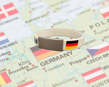 Load image into Gallery viewer, Personalized Germany Silicone Wristband ID – Custom Stainless Steel Tag for Medical, Dementia, Kids ID or Inspirational Quote
