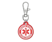 Load image into Gallery viewer, Red Medical Alert Keychain – Personalized Round Aluminum Emergency ID Tag with Engraving
