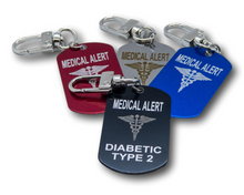 Load image into Gallery viewer, Emergency Medical Alert Customizable Engraved Keychain - Engraved Aluminum Keychain - Diabetes - Allergy - Medical Id Tag.
