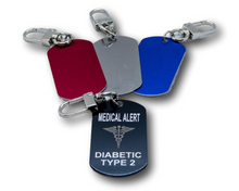 Load image into Gallery viewer, Emergency Medical Alert Customizable Engraved Keychain - Engraved Aluminum Keychain - Diabetes - Allergy - Medical Id Tag.
