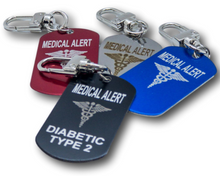 Load image into Gallery viewer, Emergency Medical Alert Customizable Engraved Keychain - Engraved Aluminum Keychain - Diabetes - Allergy - Medical Id Tag.
