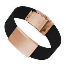 Load image into Gallery viewer, Black silicone medical alert bracelet on an angle.
