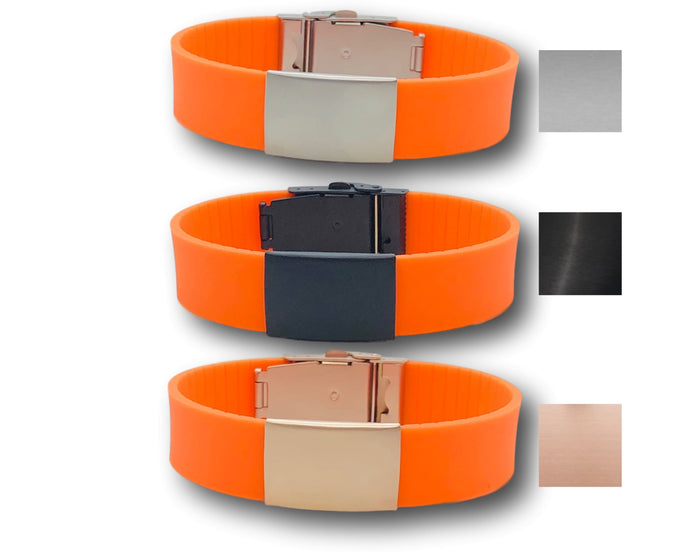 Id Bracelet, Personalized Bracelet, 20mm Orange Band.  Silver, Black, Rose Gold Faceplate. freeshipping - My Custom ID