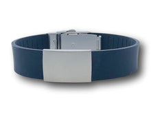 Load image into Gallery viewer, Black silicone medical alert bracelet with silver faceplate and clasp.
