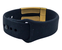 Load image into Gallery viewer, Medical Alert Bracelet Women, Mens, Kids, Black Silicone Pin and Tuck Bracelet, Gold Faceplate and Medic Alert Tag. freeshipping - My Custom ID
