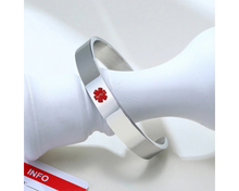 Charger l&#39;image dans la galerie, Silver medical alert bracelet with red enamel medical symbol on front.
